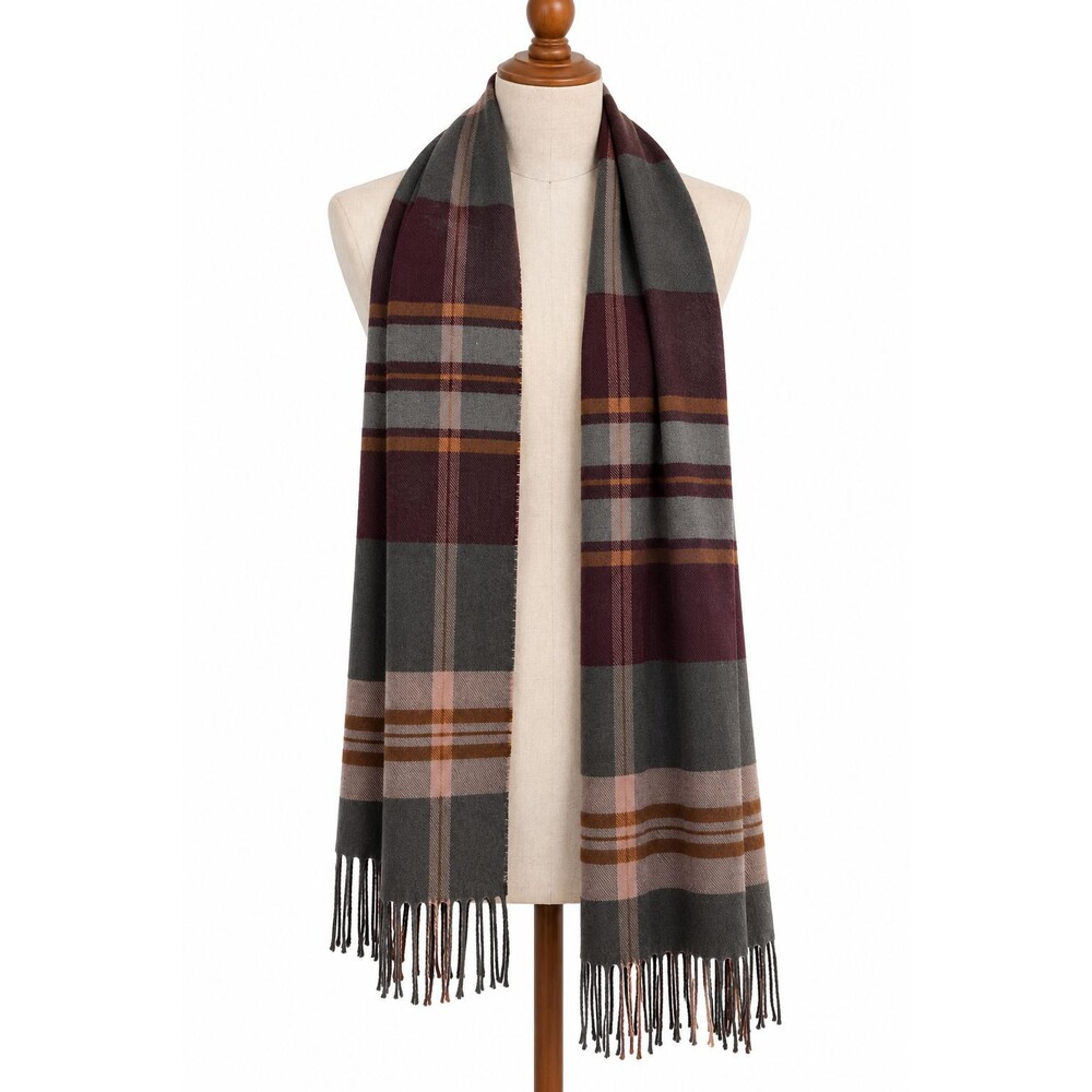 100% Cashmere Made in Scotland Scarf Plaid Fringe Preppy Heritage Grey Brown